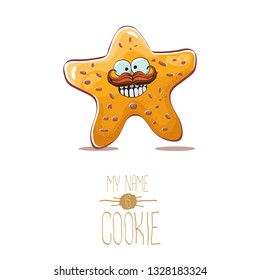 vector funny hand drawn homemade chocolate chip star shape cookie character isolated on white background. My name is cookie concept illustration. funky lovely food character or bakery label mascot 