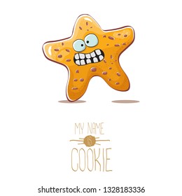 vector funny hand drawn homemade chocolate chip star shape cookie character isolated on white background. My name is cookie concept illustration. funky lovely food character or bakery label mascot 