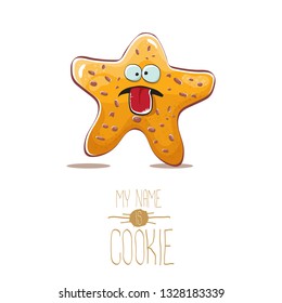 vector funny hand drawn homemade chocolate chip star shape cookie character isolated on white background. My name is cookie concept illustration. funky lovely food character or bakery label mascot 