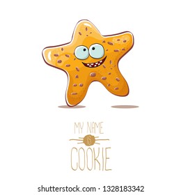 vector funny hand drawn homemade chocolate chip star shape cookie character isolated on white background. My name is cookie concept illustration. funky lovely food character or bakery label mascot 