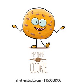vector funny hand drawn homemade chocolate chip cookie character isolated on white background. My name is cookie concept illustration. funky food character or bakery label mascot