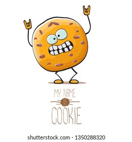 vector funny hand drawn homemade chocolate chip cookie character isolated on white background. My name is cookie concept illustration. funky food character or bakery label mascot