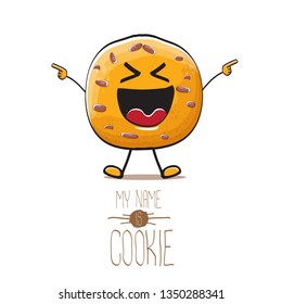 vector funny hand drawn homemade chocolate chip cookie character isolated on white background. My name is cookie concept illustration. funky food character or bakery label mascot