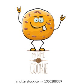 vector funny hand drawn homemade chocolate chip cookie character isolated on white background. My name is cookie concept illustration. funky food character or bakery label mascot