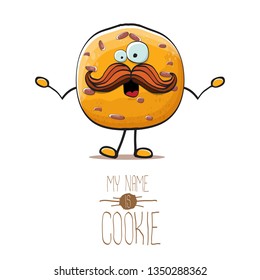 vector funny hand drawn homemade chocolate chip cookie character isolated on white background. My name is cookie concept illustration. funky food character or bakery label mascot
