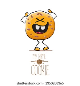 vector funny hand drawn homemade chocolate chip cookie character isolated on white background. My name is cookie concept illustration. funky food character or bakery label mascot