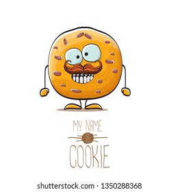 vector funny hand drawn homemade chocolate chip cookie character isolated on white background. My name is cookie concept illustration. funky food character or bakery label mascot
