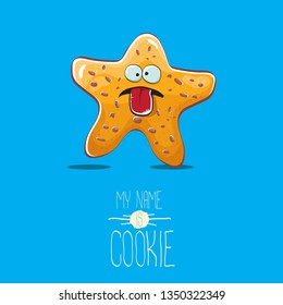 vector funny hand drawn homemade chocolate chip star shape cookie character isolated on blue background. My name is cookie concept illustration. funky lovely food character or bakery label mascot
