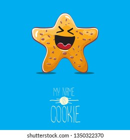 vector funny hand drawn homemade chocolate chip star shape cookie character isolated on blue background. My name is cookie concept illustration. funky lovely food character or bakery label mascot