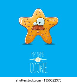 vector funny hand drawn homemade chocolate chip star shape cookie character isolated on blue background. My name is cookie concept illustration. funky lovely food character or bakery label mascot