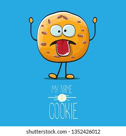 vector funny hand drawn homemade chocolate chip cookie character isolated on blue background. My name is cookie concept illustration. funky food character or bakery label mascot
