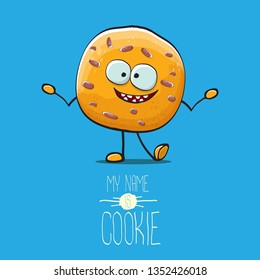 vector funny hand drawn homemade chocolate chip cookie character isolated on blue background. My name is cookie concept illustration. funky food character or bakery label mascot
