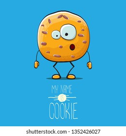 vector funny hand drawn homemade chocolate chip cookie character isolated on blue background. My name is cookie concept illustration. funky food character or bakery label mascot