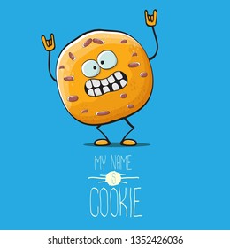 vector funny hand drawn homemade chocolate chip cookie character isolated on blue background. My name is cookie concept illustration. funky food character or bakery label mascot