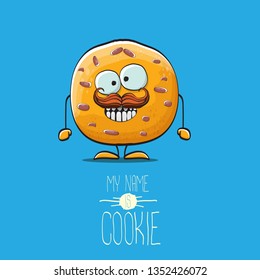 vector funny hand drawn homemade chocolate chip cookie character isolated on blue background. My name is cookie concept illustration. funky food character or bakery label mascot