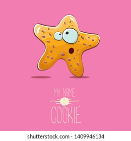 vector funny hand drawn homemade chocolate chip star shape cookie character isolated on pink background. My name is cookie concept illustration. funky lovely food character or bakery label mascot