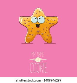 vector funny hand drawn homemade chocolate chip star shape cookie character isolated on pink background. My name is cookie concept illustration. funky lovely food character or bakery label mascot