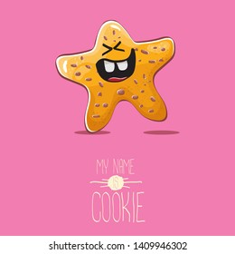 vector funny hand drawn homemade chocolate chip star shape cookie character isolated on pink background. My name is cookie concept illustration. funky lovely food character or bakery label mascot