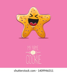 vector funny hand drawn homemade chocolate chip star shape cookie character isolated on pink background. My name is cookie concept illustration. funky lovely food character or bakery label mascot