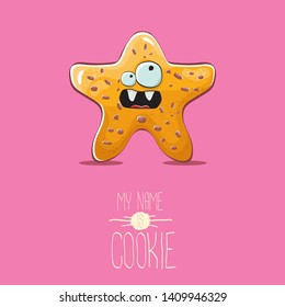 vector funny hand drawn homemade chocolate chip star shape cookie character isolated on pink background. My name is cookie concept illustration. funky lovely food character or bakery label mascot
