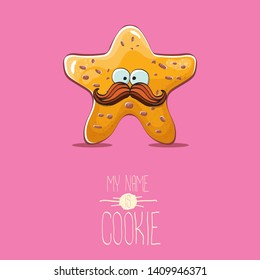 vector funny hand drawn homemade chocolate chip star shape cookie character isolated on pink background. My name is cookie concept illustration. funky lovely food character or bakery label mascot
