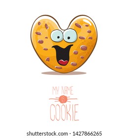 vector funny hand drawn homemade chocolate chip heart shape cookie character isolated on white background. My name is cookie concept illustration. funky lovely food character or bakery label mascot