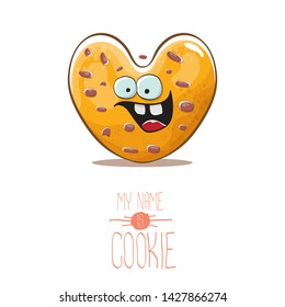 vector funny hand drawn homemade chocolate chip heart shape cookie character isolated on white background. My name is cookie concept illustration. funky lovely food character or bakery label mascot