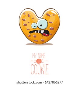 vector funny hand drawn homemade chocolate chip heart shape cookie character isolated on white background. My name is cookie concept illustration. funky lovely food character or bakery label mascot