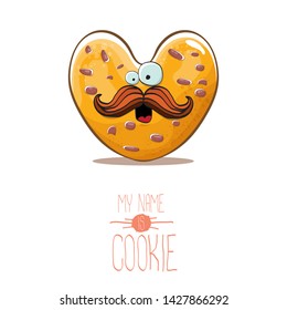 vector funny hand drawn homemade chocolate chip heart shape cookie character isolated on white background. My name is cookie concept illustration. funky lovely food character or bakery label mascot