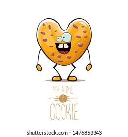 vector funny hand drawn homemade chocolate chip heart shape cookie character isolated on white background. My name is cookie concept illustration. funky food character or bakery label mascot