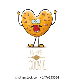 vector funny hand drawn homemade chocolate chip heart shape cookie character isolated on white background. My name is cookie concept illustration. funky food character or bakery label mascot