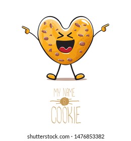 vector funny hand drawn homemade chocolate chip heart shape cookie character isolated on white background. My name is cookie concept illustration. funky food character or bakery label mascot