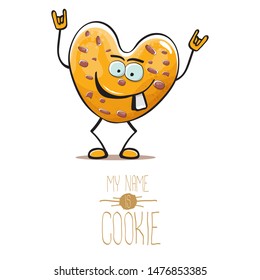 vector funny hand drawn homemade chocolate chip heart shape cookie character isolated on white background. My name is cookie concept illustration. funky food character or bakery label mascot