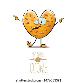 vector funny hand drawn homemade chocolate chip heart shape cookie character isolated on white background. My name is cookie concept illustration. funky food character or bakery label mascot