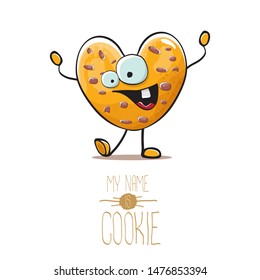 vector funny hand drawn homemade chocolate chip heart shape cookie character isolated on white background. My name is cookie concept illustration. funky food character or bakery label mascot