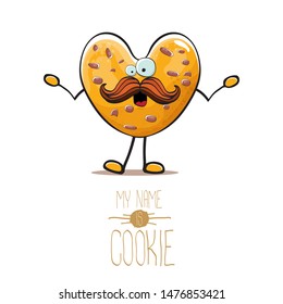 vector funny hand drawn homemade chocolate chip heart shape cookie character isolated on white background. My name is cookie concept illustration. funky food character or bakery label mascot