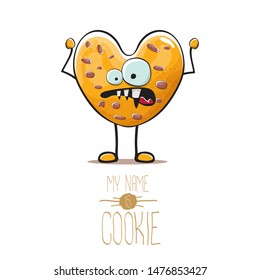 vector funny hand drawn homemade chocolate chip heart shape cookie character isolated on white background. My name is cookie concept illustration. funky food character or bakery label mascot