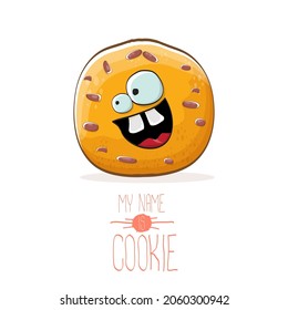 vector funny hand drawn homemade chocolate chip cookie character isolated on white background. My name is cookie concept illustration. funky food character or bakery label mascot