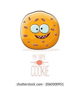vector funny hand drawn homemade chocolate chip cookie character isolated on white background. My name is cookie concept illustration. funky food character or bakery label mascot