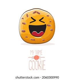 vector funny hand drawn homemade chocolate chip cookie character isolated on white background. My name is cookie concept illustration. funky food character or bakery label mascot