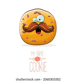 vector funny hand drawn homemade chocolate chip cookie character isolated on white background. My name is cookie concept illustration. funky food character or bakery label mascot