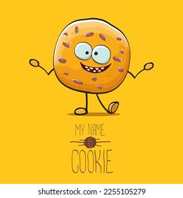 vector funny hand drawn homemade chocolate chip cookie character isolated on orange background. My name is cookie concept illustration. funky food character or bakery label mascot
