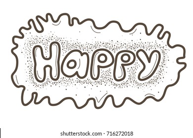 Vector funny hand drawn lettering word "Happy" on white background. Vector illustration in line style with spray effect for prints, banners, postcards.