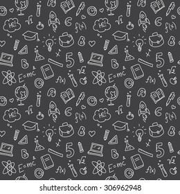 Vector funny hand drawn school accessories seamless pattern. Cute back to school black and white background