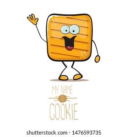 vector funny hand drawn square cracker homemade chip cookie character isolated on white background. My name is cookie concept illustration. funky food character or bakery label mascot