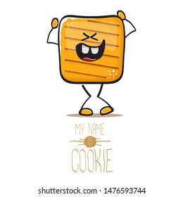 vector funny hand drawn square cracker homemade chip cookie character isolated on white background. My name is cookie concept illustration. funky food character or bakery label mascot