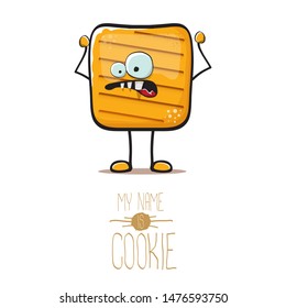 vector funny hand drawn square cracker homemade chip cookie character isolated on white background. My name is cookie concept illustration. funky food character or bakery label mascot