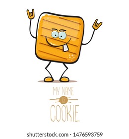 vector funny hand drawn square cracker homemade chip cookie character isolated on white background. My name is cookie concept illustration. funky food character or bakery label mascot