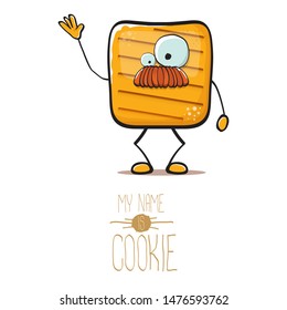 vector funny hand drawn square cracker homemade chip cookie character isolated on white background. My name is cookie concept illustration. funky food character or bakery label mascot