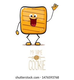 vector funny hand drawn square cracker homemade chip cookie character isolated on white background. My name is cookie concept illustration. funky food character or bakery label mascot